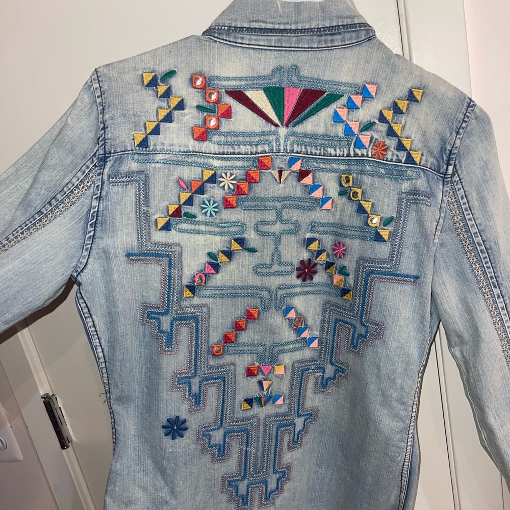Blank NYC denim collared shirt with embroidery details